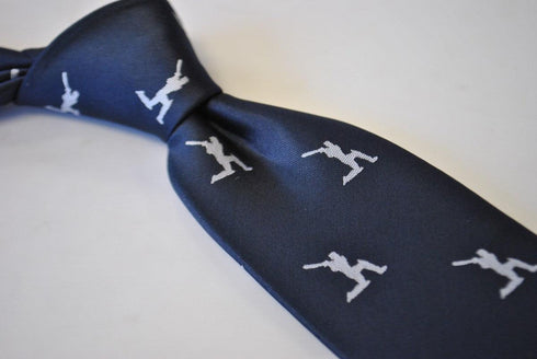 navy tie with white cricket player silhouette design